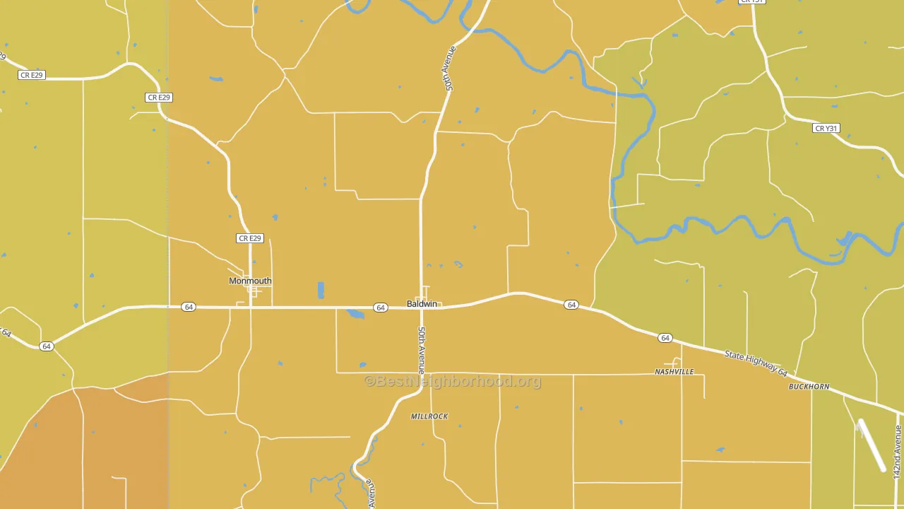 Map of the best neighborhoods in the 52207 area, with better matches in green and worse matches in red