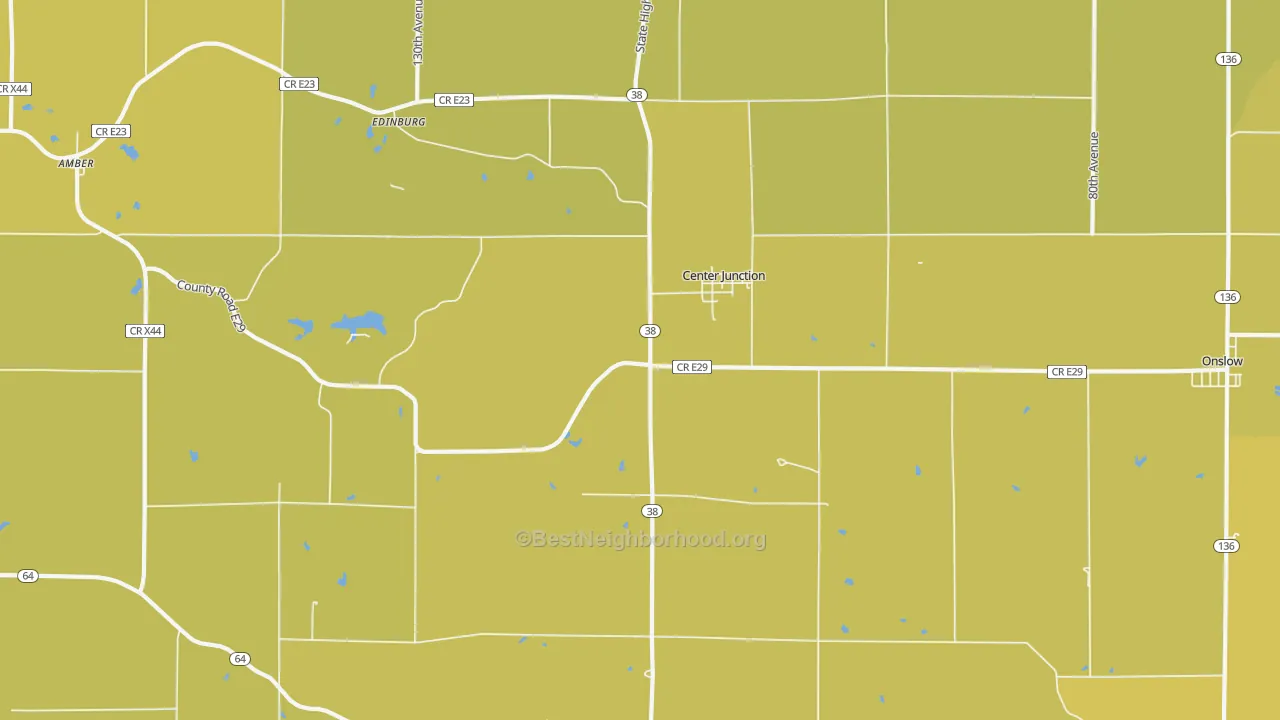 Map of the best neighborhoods in the 52212 area, with better matches in green and worse matches in red