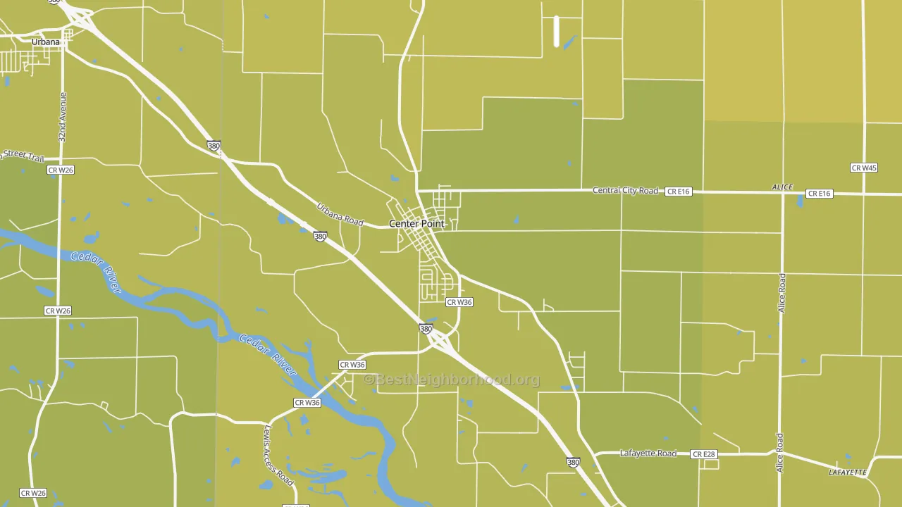 Map of the best neighborhoods in the 52213 area, with better matches in green and worse matches in red
