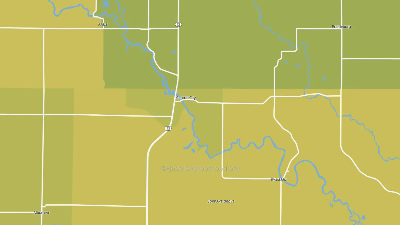 Map of the best neighborhoods in the 52214 area, with better matches in green and worse matches in red