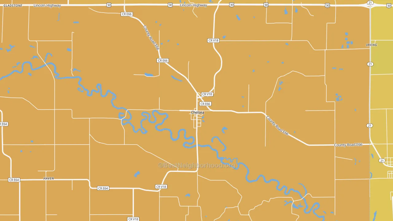 Map of the best neighborhoods in the 52215 area, with better matches in green and worse matches in red