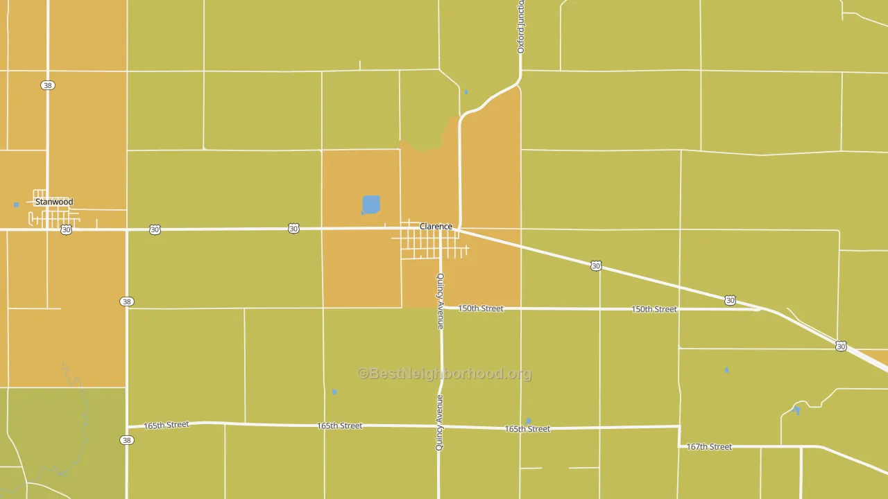 Map of the best neighborhoods in the 52216 area, with better matches in green and worse matches in red