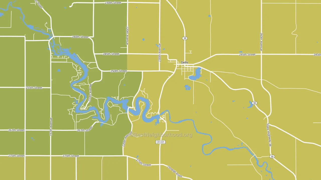 Map of the best neighborhoods in the 52223 area, with better matches in green and worse matches in red