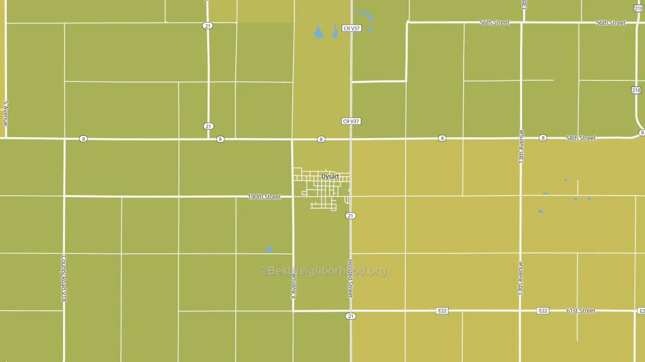Map of the best neighborhoods in the 52224 area, with better matches in green and worse matches in red