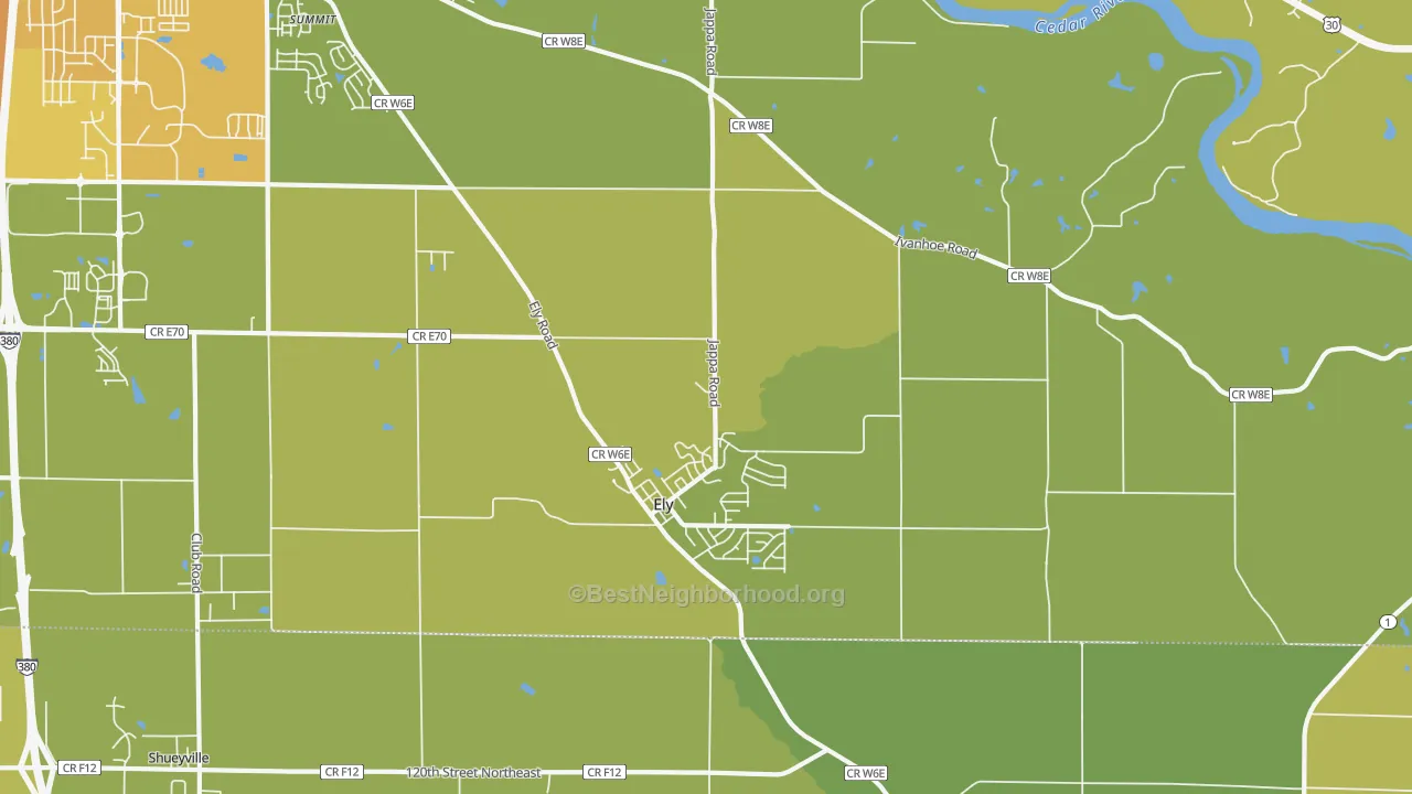 Map of the best neighborhoods in the 52227 area, with better matches in green and worse matches in red
