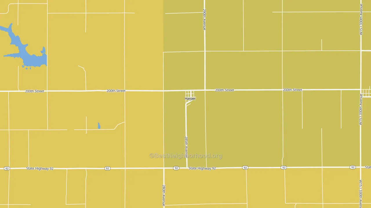 Map of the best neighborhoods in the 52231 area, with better matches in green and worse matches in red