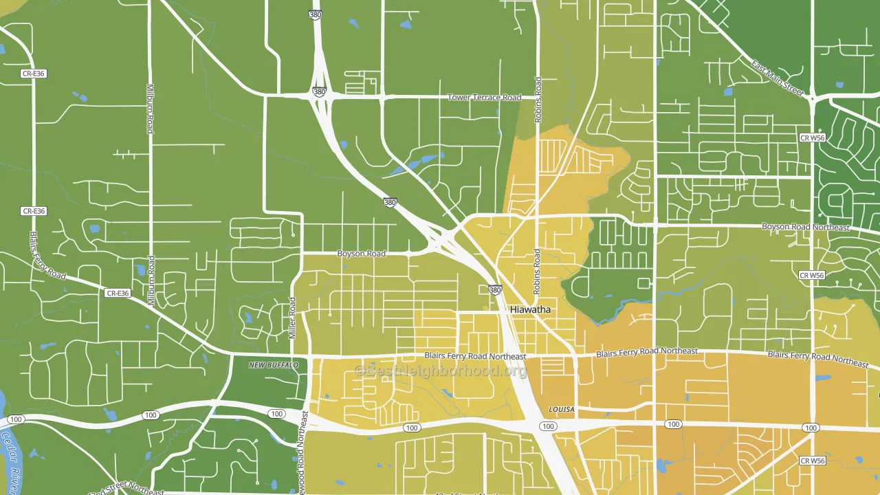 Map of the best neighborhoods in the 52233 area, with better matches in green and worse matches in red