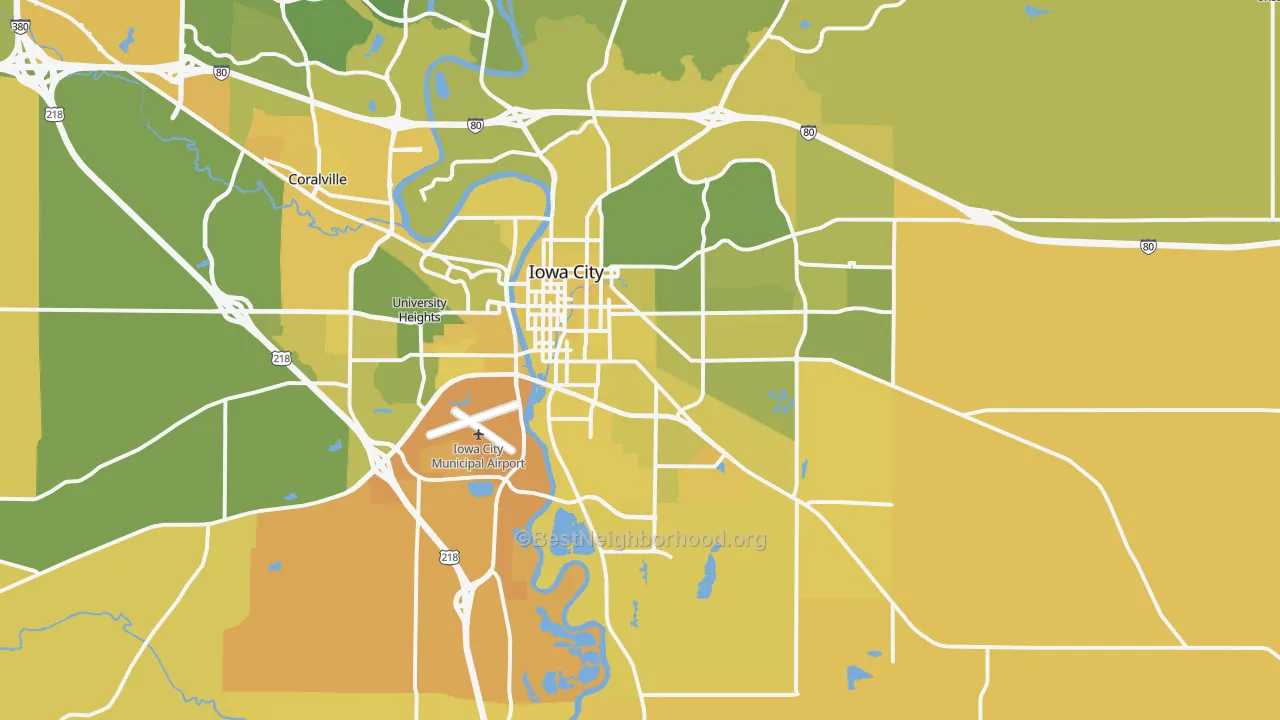 Map of the best neighborhoods in the 52240 area, with better matches in green and worse matches in red
