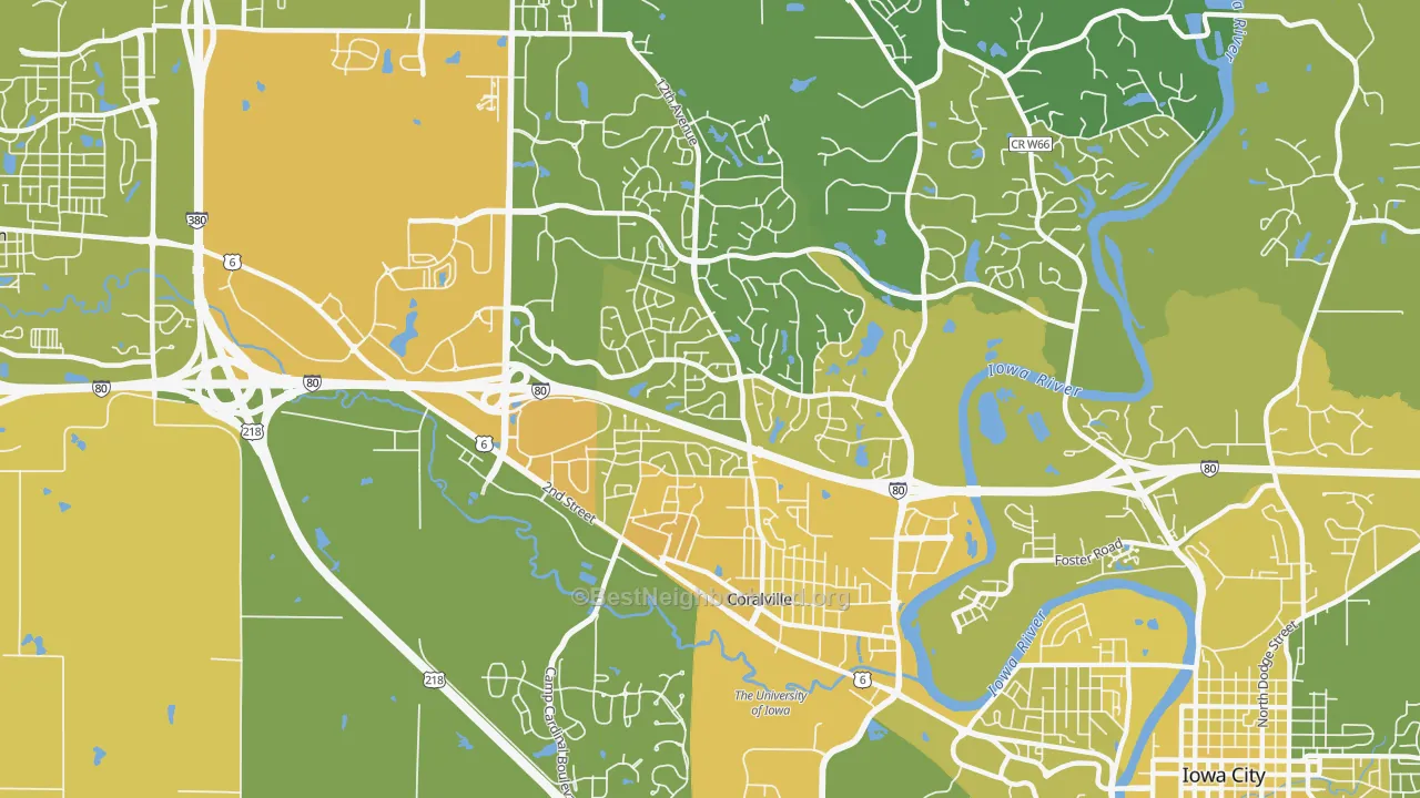 Map of the best neighborhoods in the 52241 area, with better matches in green and worse matches in red