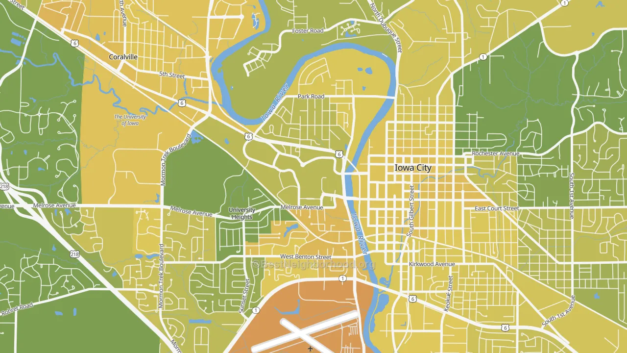 Map of the best neighborhoods in the 52242 area, with better matches in green and worse matches in red