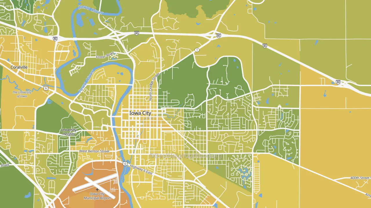 Map of the best neighborhoods in the 52245 area, with better matches in green and worse matches in red