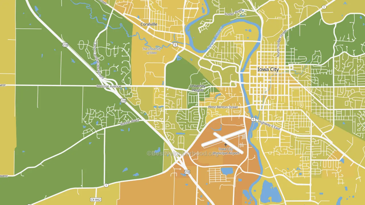 Map of the best neighborhoods in the 52246 area, with better matches in green and worse matches in red