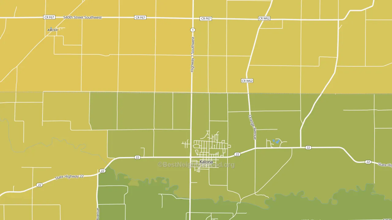 Map of the best neighborhoods in the 52247 area, with better matches in green and worse matches in red