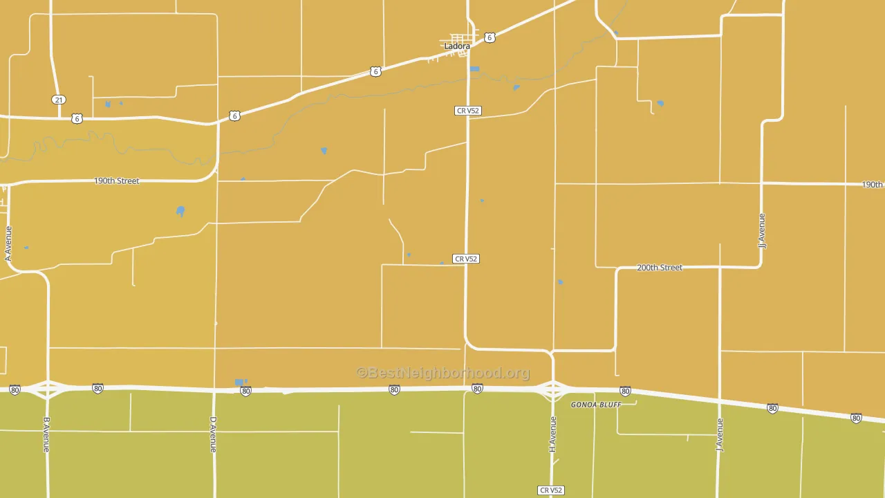 Map of the best neighborhoods in the 52251 area, with better matches in green and worse matches in red