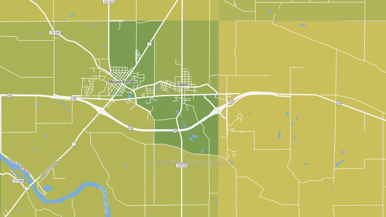 Map of the best neighborhoods in the 52253 area, with better matches in green and worse matches in red