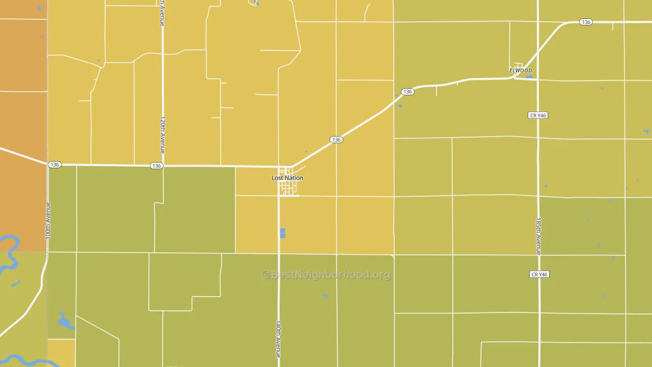 Map of the best neighborhoods in the 52254 area, with better matches in green and worse matches in red
