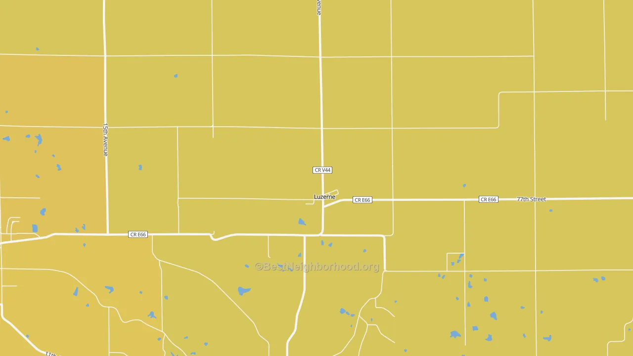 Map of the best neighborhoods in the 52257 area, with better matches in green and worse matches in red