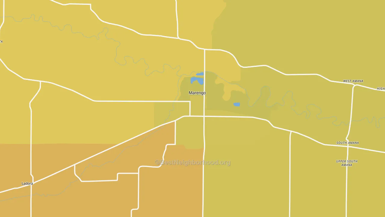 Map of the best neighborhoods in the 52301 area, with better matches in green and worse matches in red