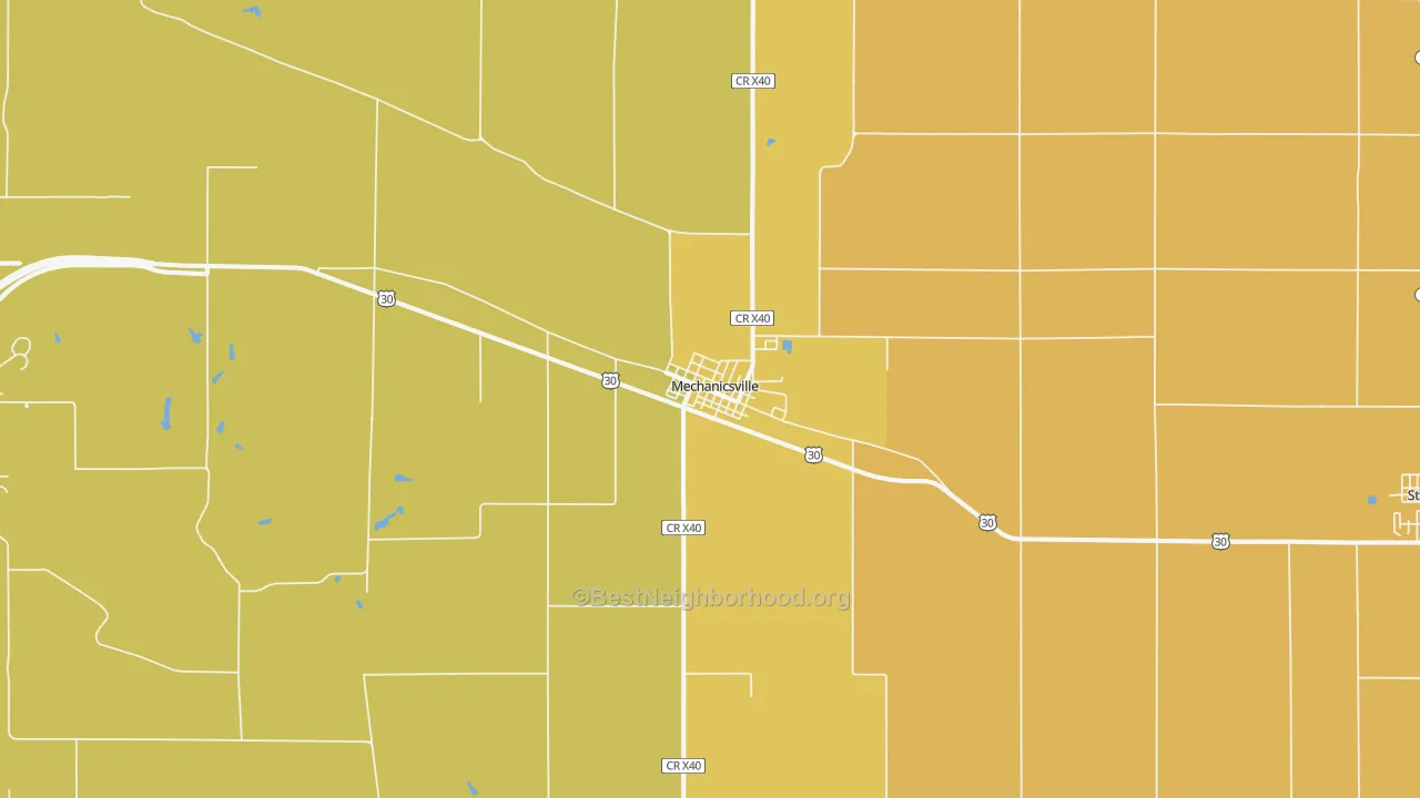 Map of the best neighborhoods in the 52306 area, with better matches in green and worse matches in red