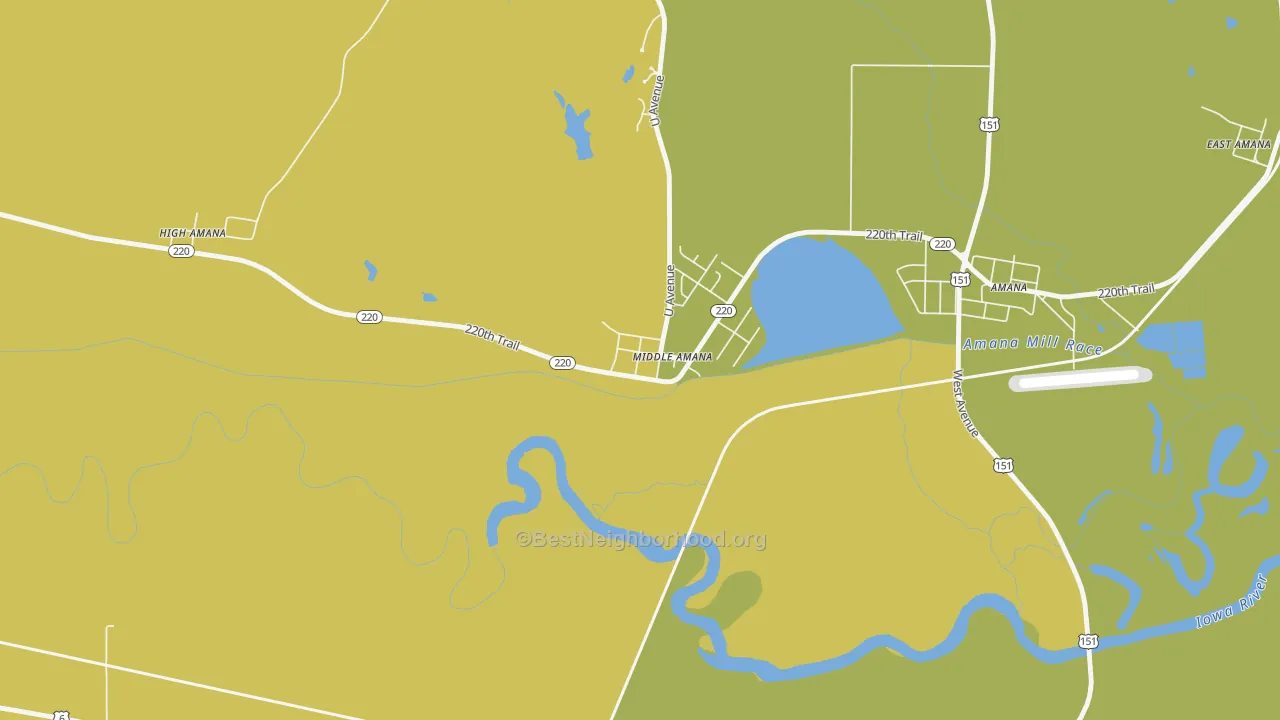 Map of the best neighborhoods in the 52307 area, with better matches in green and worse matches in red