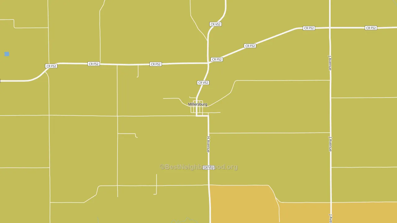 Map of the best neighborhoods in the 52308 area, with better matches in green and worse matches in red