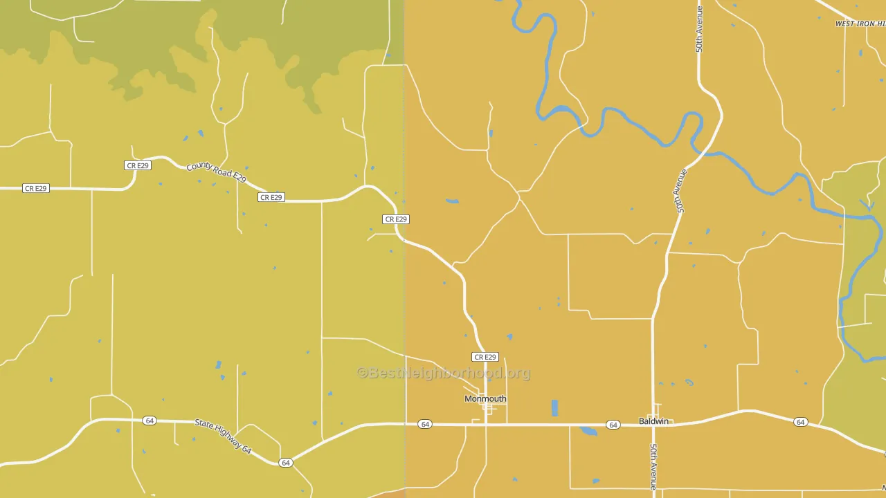 Map of the best neighborhoods in the 52309 area, with better matches in green and worse matches in red