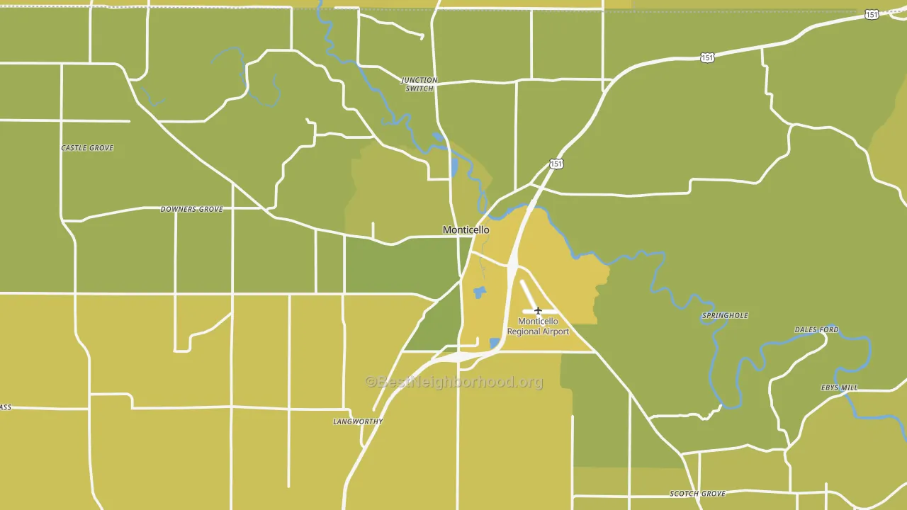 Map of the best neighborhoods in the 52310 area, with better matches in green and worse matches in red
