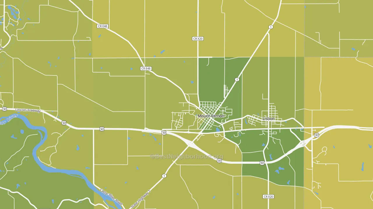 Map of the best neighborhoods in the 52314 area, with better matches in green and worse matches in red