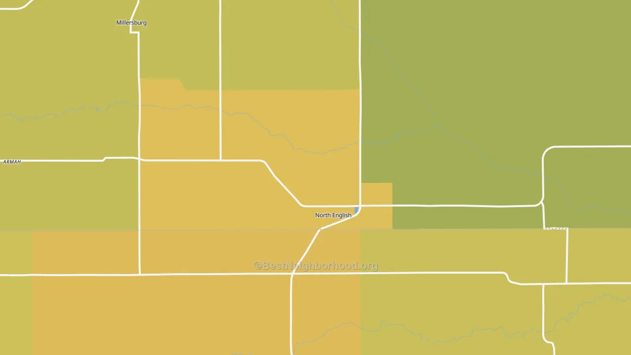 Map of the best neighborhoods in the 52316 area, with better matches in green and worse matches in red