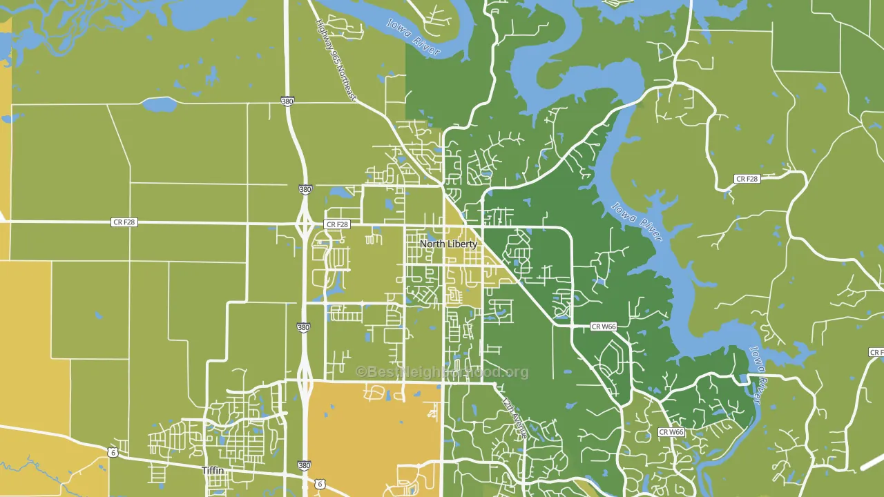 Map of the best neighborhoods in the 52317 area, with better matches in green and worse matches in red