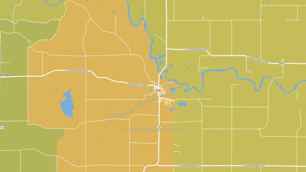 Map of the best neighborhoods in the 52320 area, with better matches in green and worse matches in red