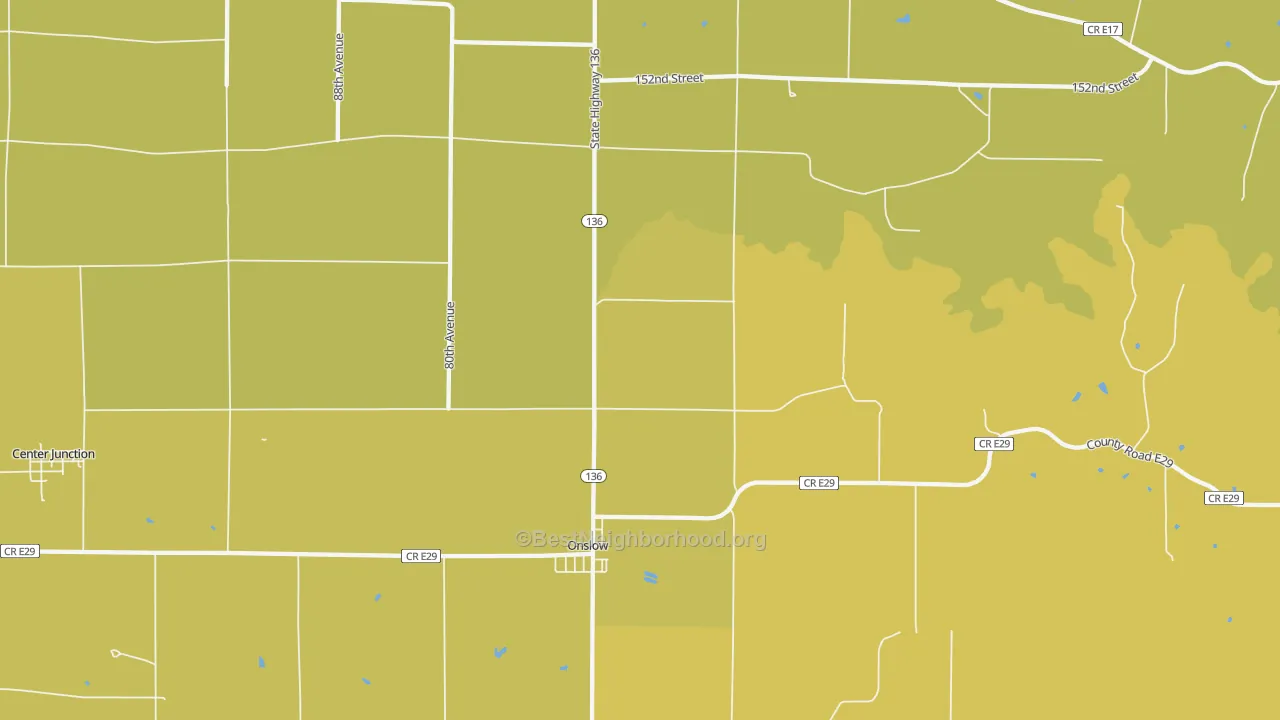 Map of the best neighborhoods in the 52321 area, with better matches in green and worse matches in red