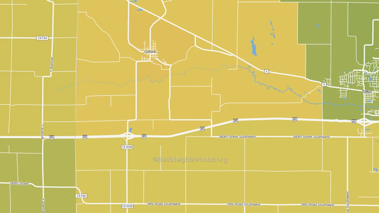 Map of the best neighborhoods in the 52322 area, with better matches in green and worse matches in red