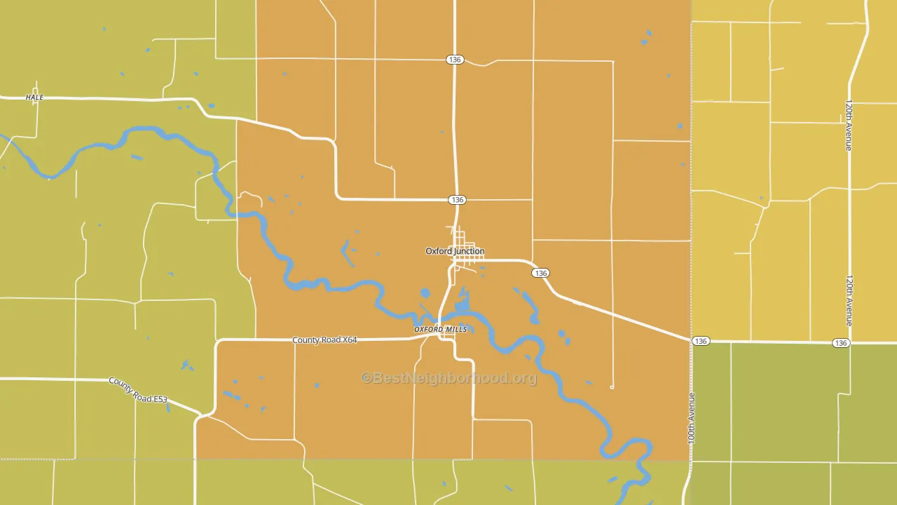 Map of the best neighborhoods in the 52323 area, with better matches in green and worse matches in red