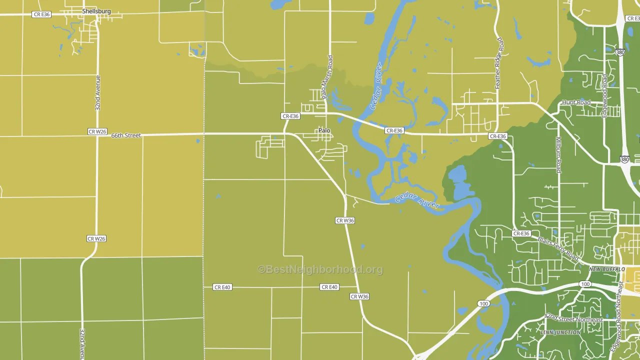 Map of the best neighborhoods in the 52324 area, with better matches in green and worse matches in red