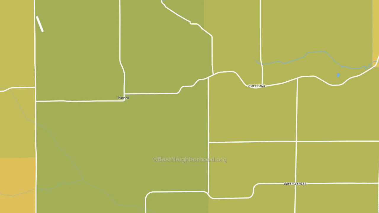 Map of the best neighborhoods in the 52325 area, with better matches in green and worse matches in red