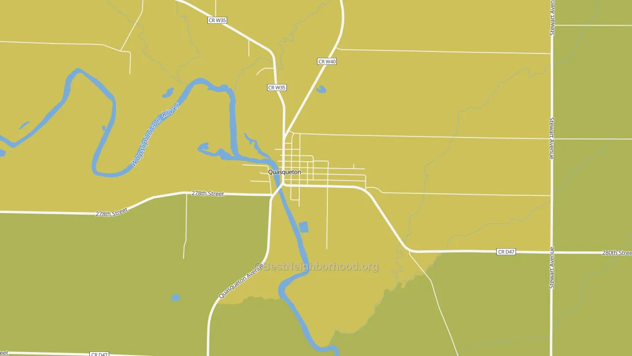 Map of the best neighborhoods in the 52326 area, with better matches in green and worse matches in red