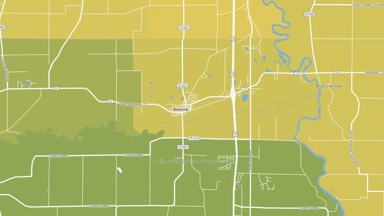 Map of the best neighborhoods in the 52327 area, with better matches in green and worse matches in red