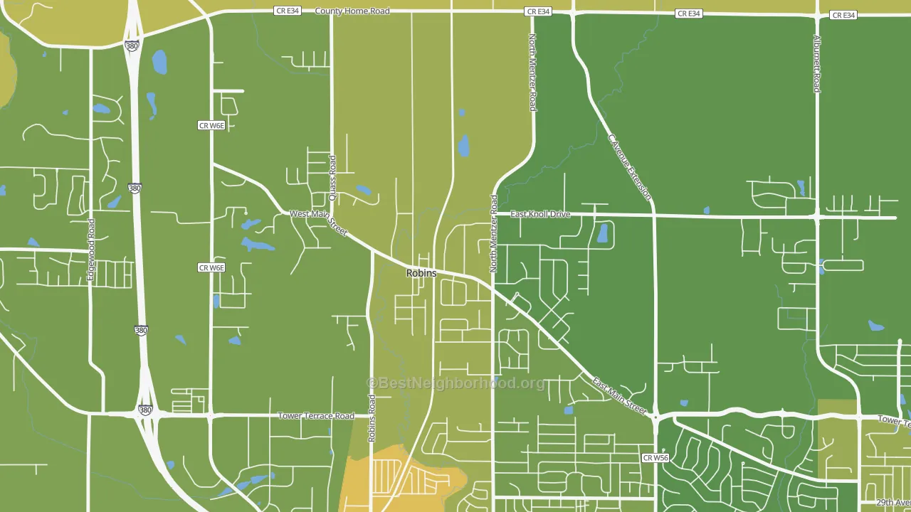 Map of the best neighborhoods in the 52328 area, with better matches in green and worse matches in red