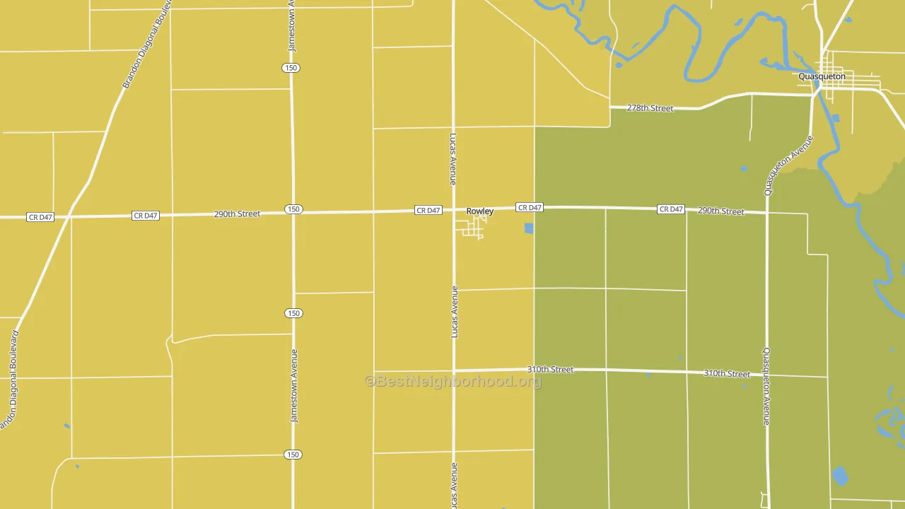 Map of the best neighborhoods in the 52329 area, with better matches in green and worse matches in red