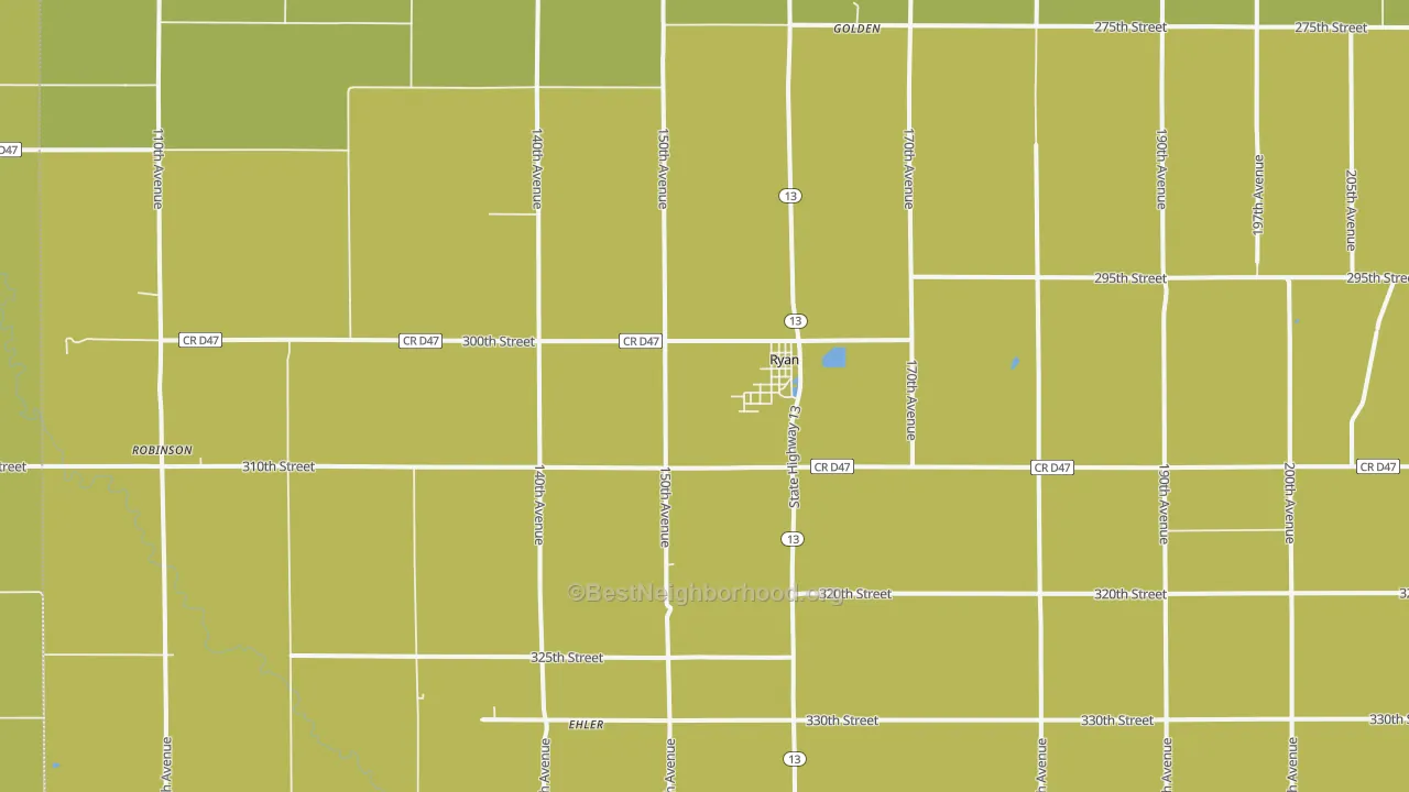 Map of the best neighborhoods in the 52330 area, with better matches in green and worse matches in red