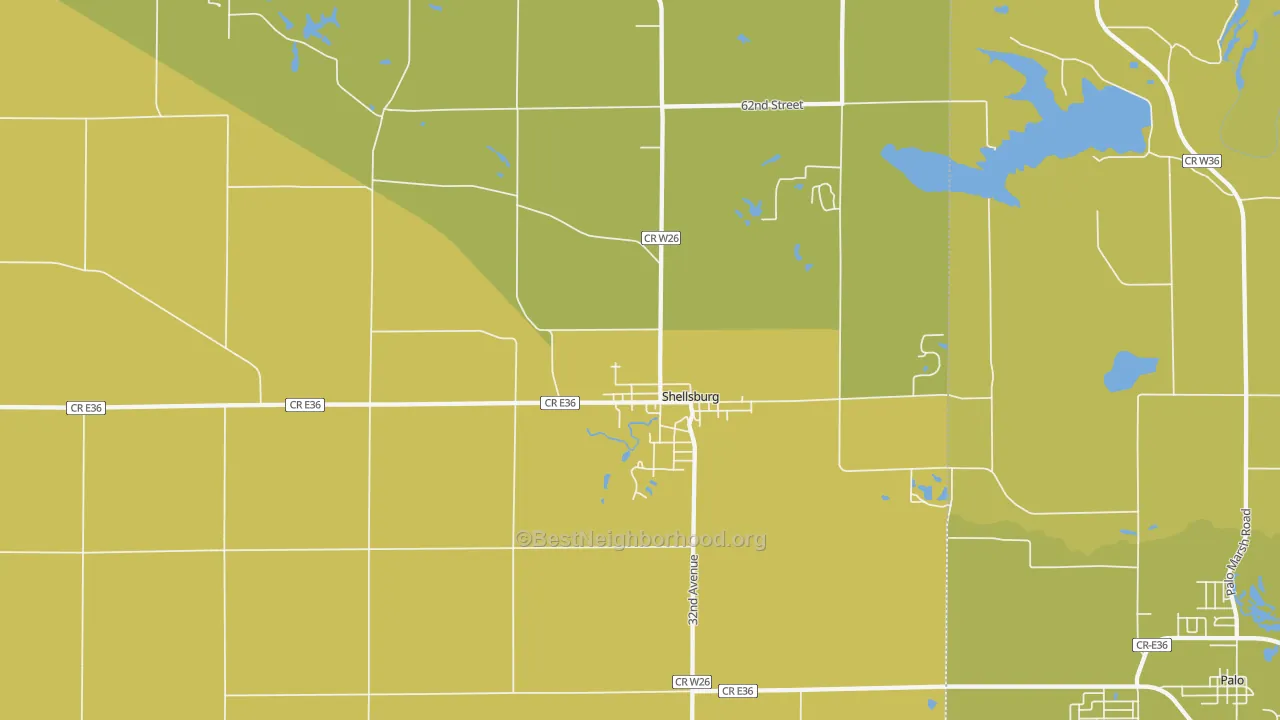 Map of the best neighborhoods in the 52332 area, with better matches in green and worse matches in red
