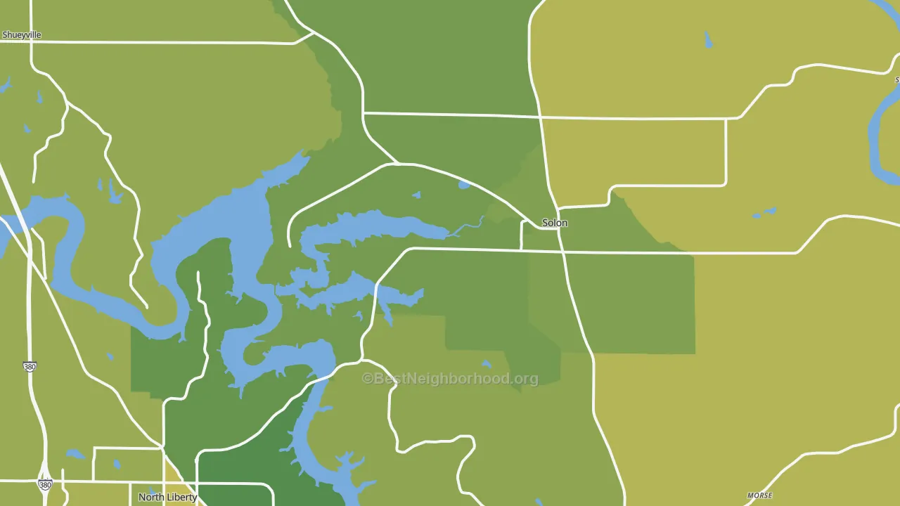 Map of the best neighborhoods in the 52333 area, with better matches in green and worse matches in red