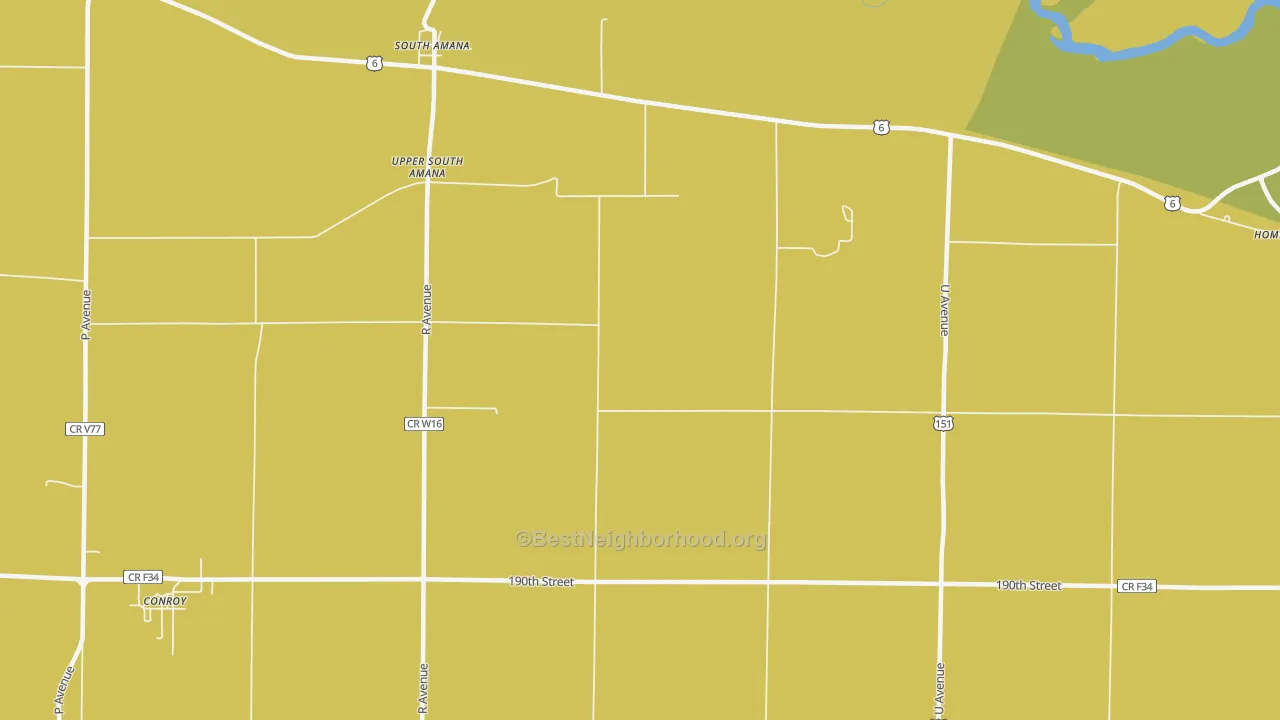 Map of the best neighborhoods in the 52334 area, with better matches in green and worse matches in red