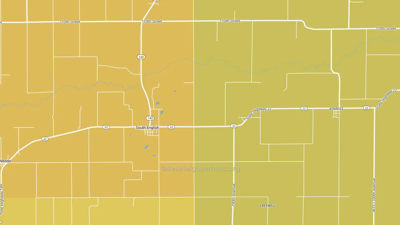 Map of the best neighborhoods in the 52335 area, with better matches in green and worse matches in red