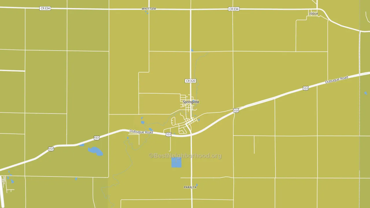 Map of the best neighborhoods in the 52336 area, with better matches in green and worse matches in red