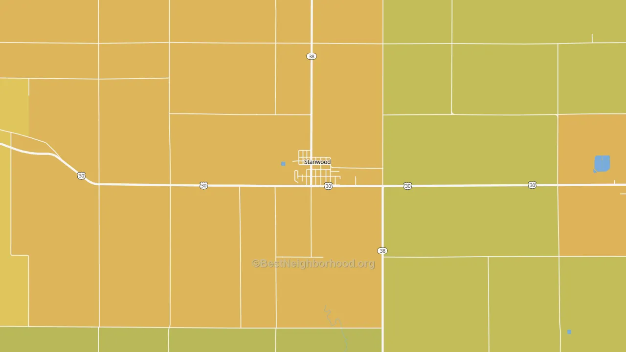 Map of the best neighborhoods in the 52337 area, with better matches in green and worse matches in red
