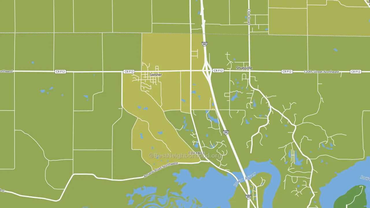 Map of the best neighborhoods in the 52338 area, with better matches in green and worse matches in red