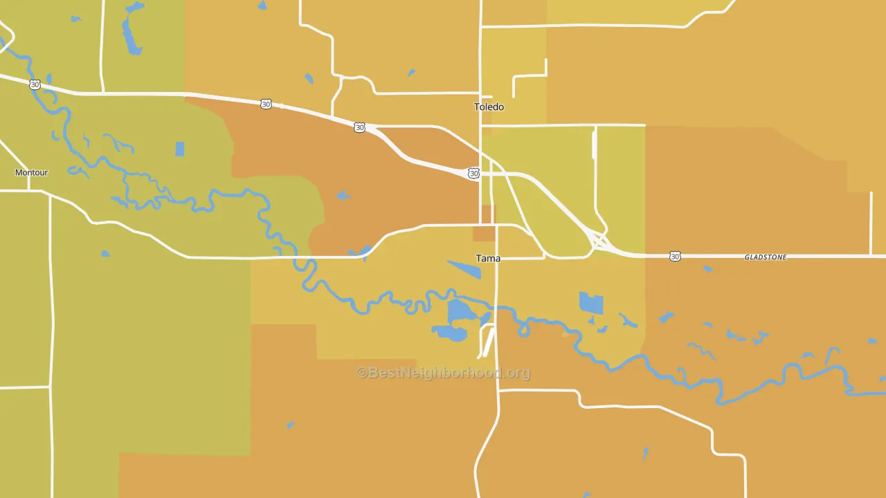 Map of the best neighborhoods in the 52339 area, with better matches in green and worse matches in red