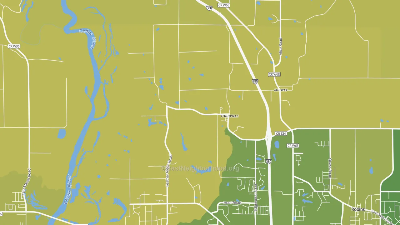 Map of the best neighborhoods in the 52341 area, with better matches in green and worse matches in red